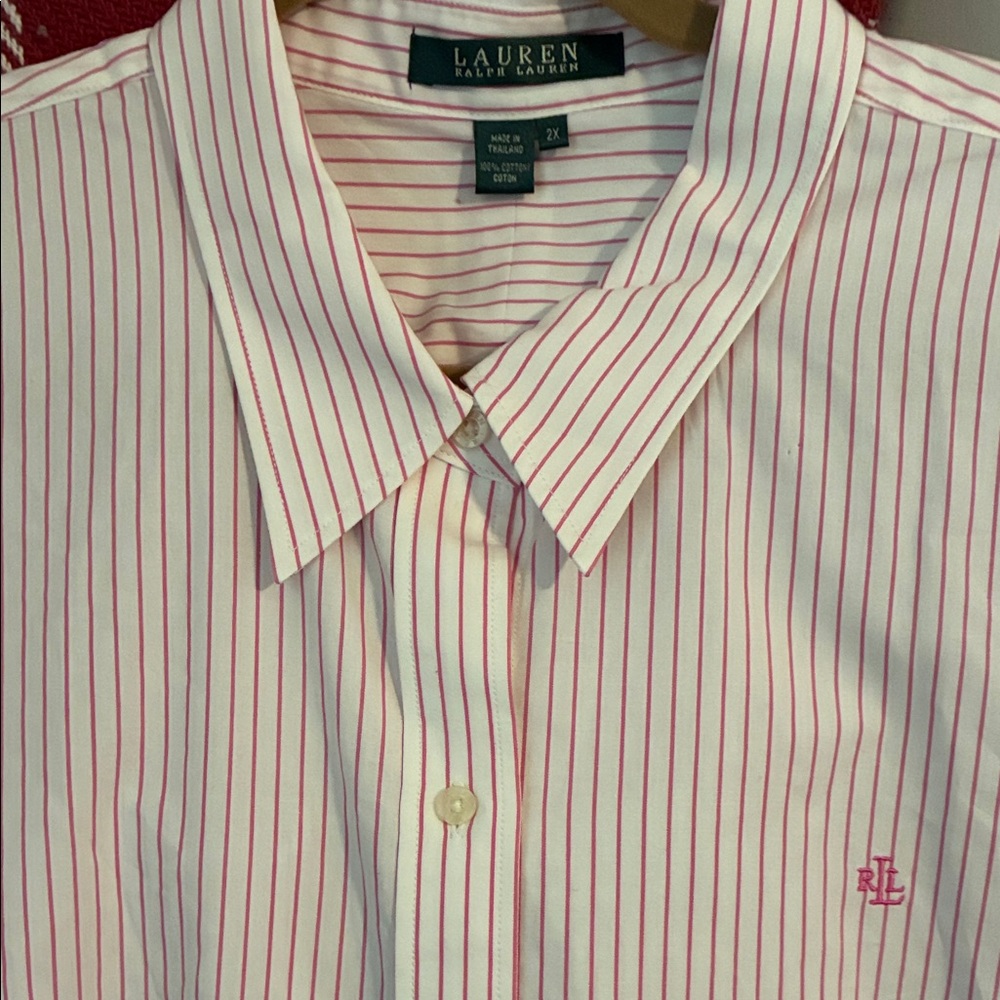 Lauren Ralph Lauren White Button-Down Shirt with Pink Stripes